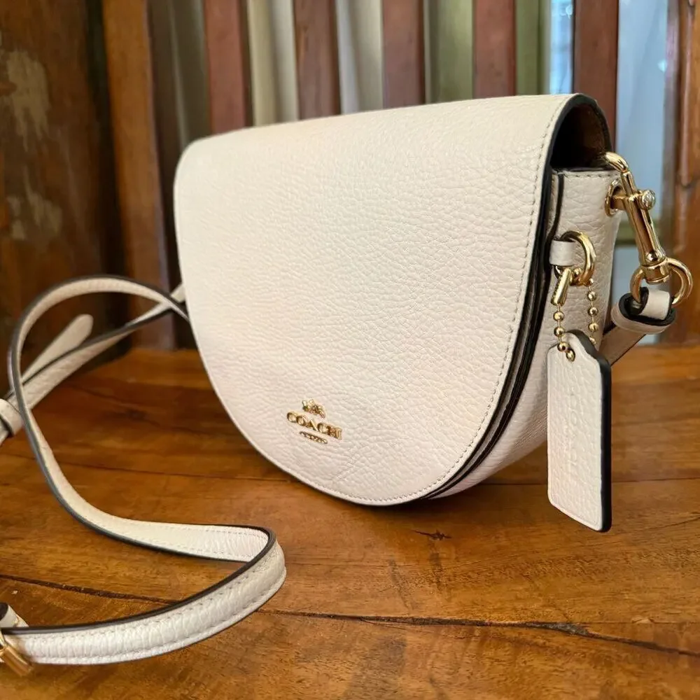 Coach Pebbled Leather Half Moon Saddle Crossbody Bag Chalk Cream Gold Hardware